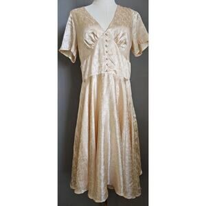 Timeless London Satin Button Dress Coral Cream Vintage Style Size 10 Cottagecore